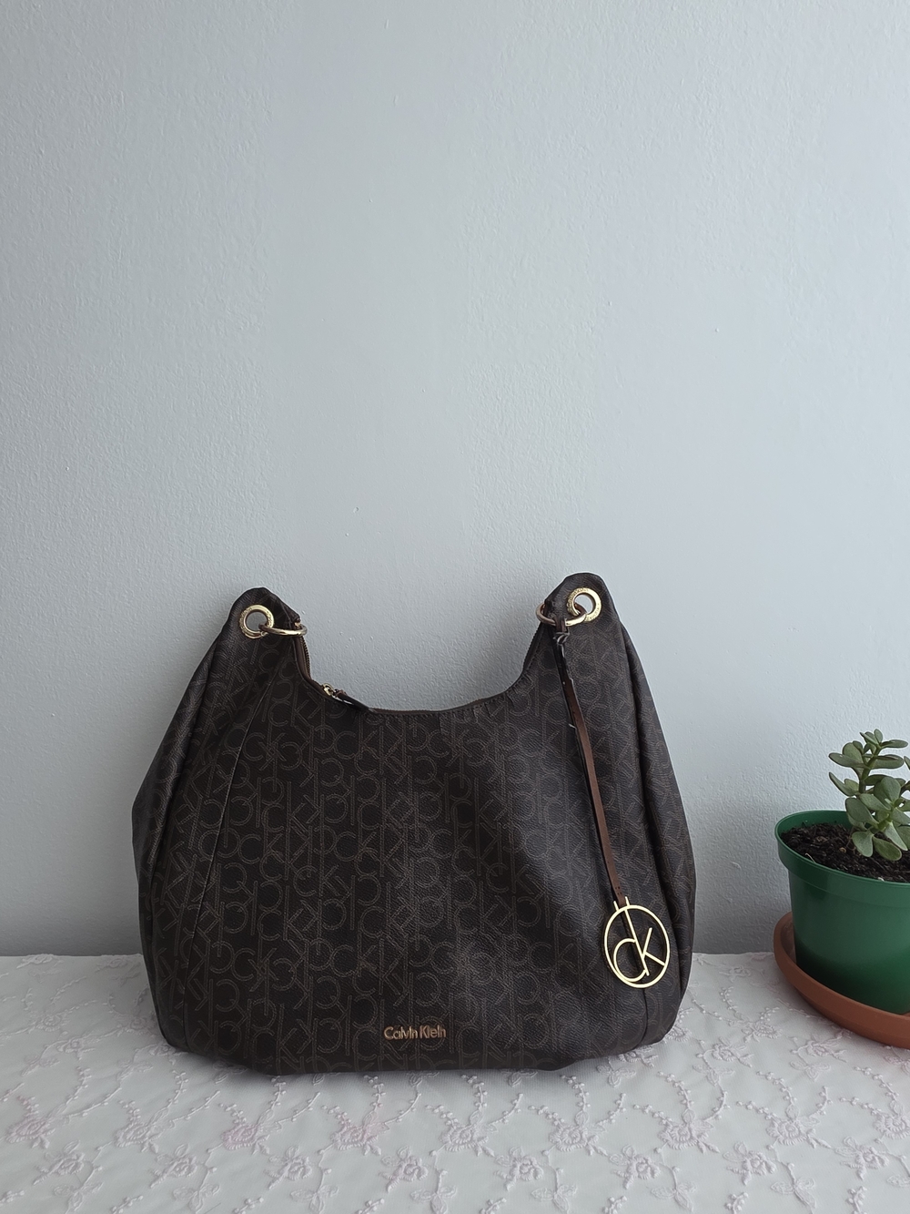 Calvin Klein Dark Brown Logo Hobo Bag